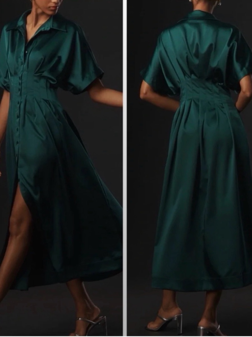 Emerald Green Toby Anthropologie Satin Midi Dress with pockets